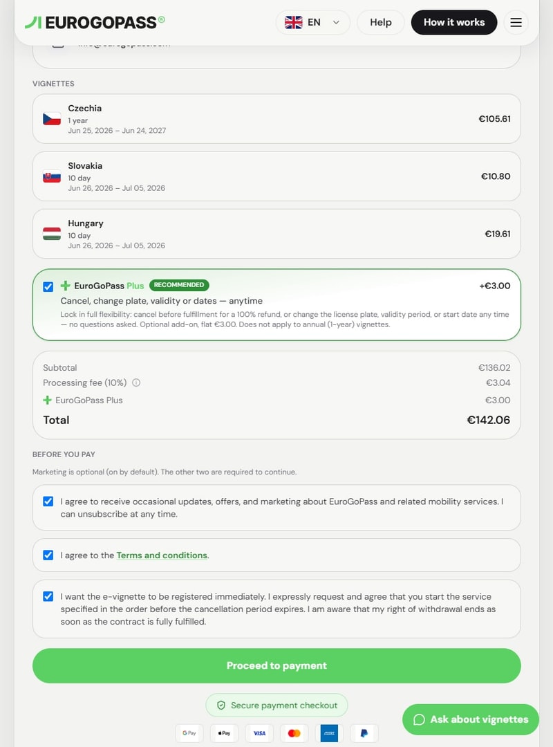 EuroGoPass checkout summary showing vignette line items, fees, and total before payment